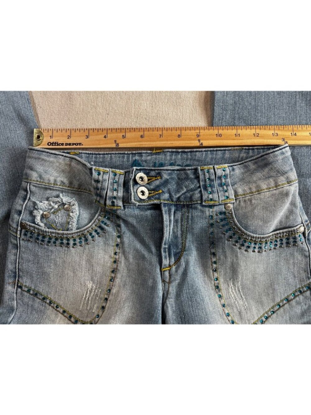 Ab Womens Boot Cut Jeans Blue Juniors 7 Distressed Rhinestone Light Low Rise Y2K - Picture 9 of 11